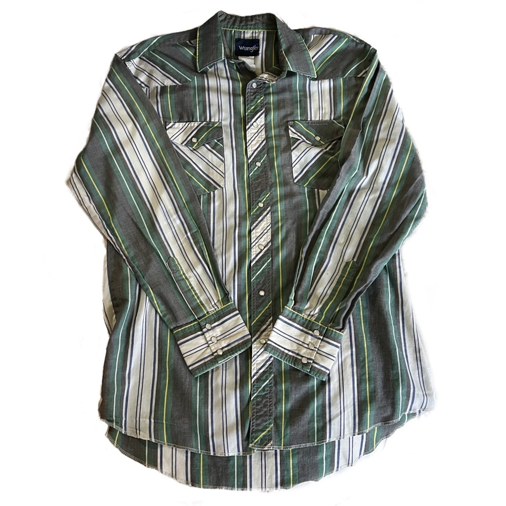 Vintage 80s Wrangler Green/White Long Sleeve Vertical Striped Pearl Snap Shirt L